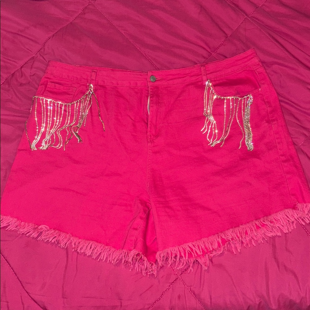 Pink Fringe Denim Shorts
